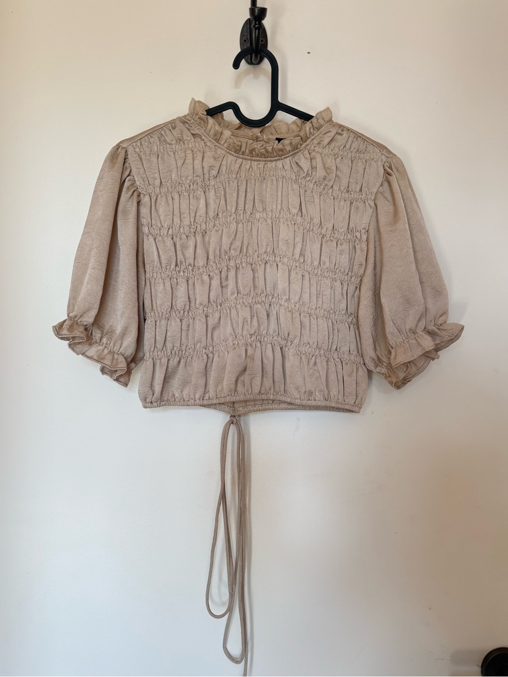 Satin Puff-Sleeve Crop Top in Beige